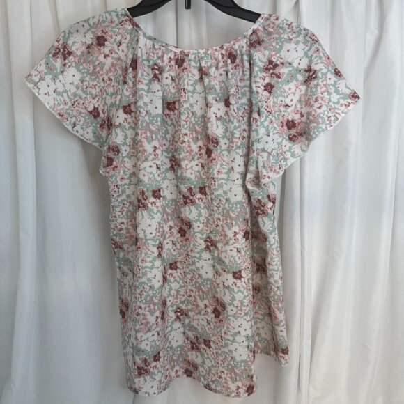 SimpleFun Floral Print Flutter Sleeve Tie Neck Blouse Medium - Picture 4 of 5